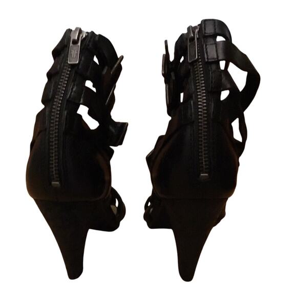 Frye Mika Black Leather Strappy Back Zip 4 Buckle Heel Sandal Sz 7.5M - Picture 5 of 8